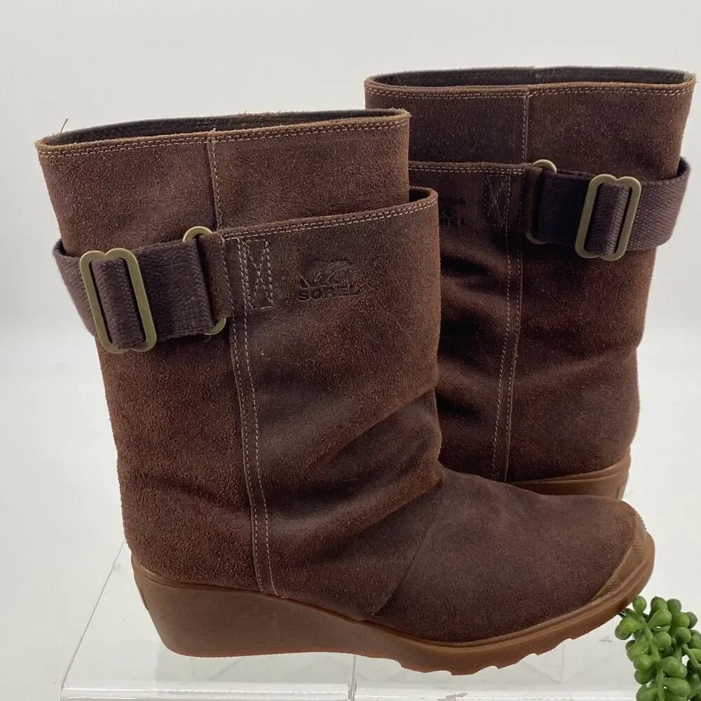 New Sorel‎ Toronto Mid Wedge Bootie Leather Brass Buckle -Brown size 9